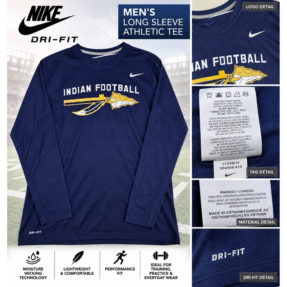 Nike Dri-FIT Indian Football Men's Long Sleeve Shirt Navy Blue Gold Athletic 2xl